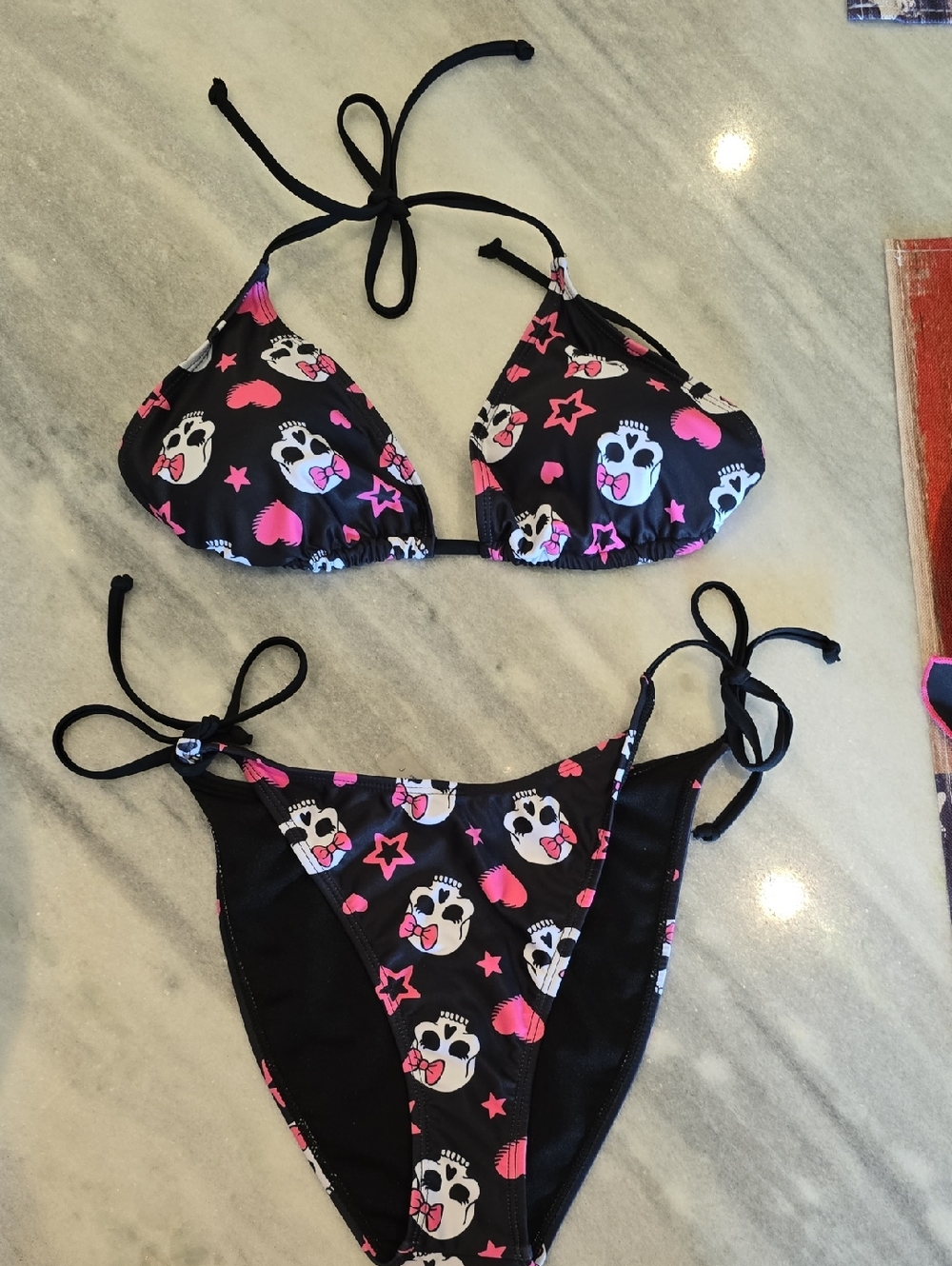 Black Skull & Hearts Tie-Side Bikini Set with Pink Accents